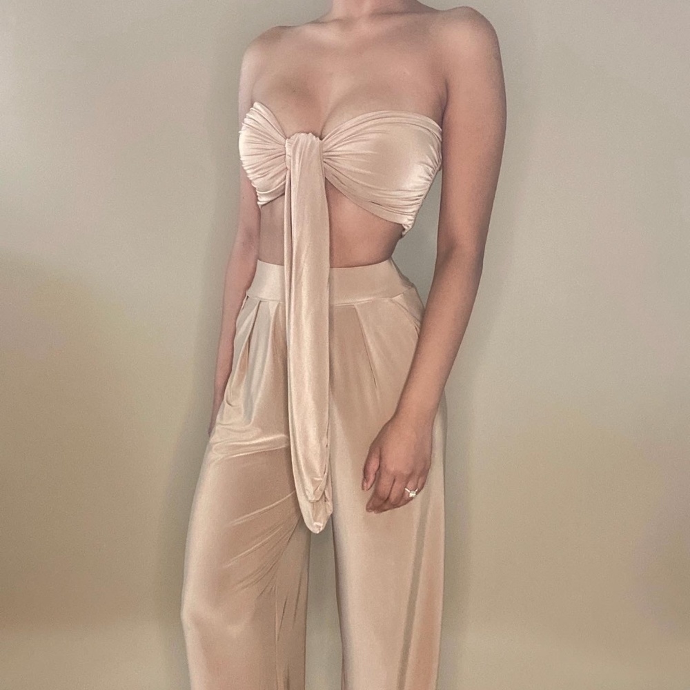 Beige wide leg pant and Bandeau Set